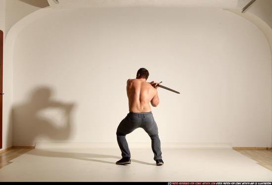 Man Adult Muscular White Fighting with sword Moving poses Casual