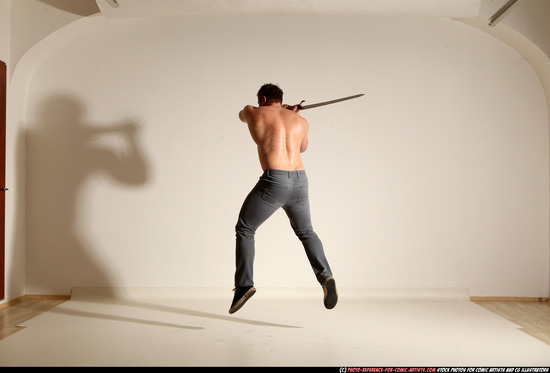 Man Adult Muscular White Fighting with sword Moving poses Casual