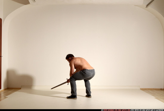 Man Adult Muscular White Fighting with sword Moving poses Casual