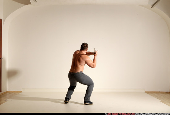 Man Adult Muscular White Fighting with sword Moving poses Casual