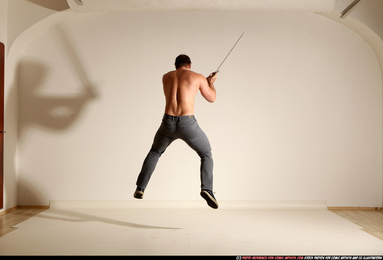 Man Adult Muscular White Fighting with sword Moving poses Casual