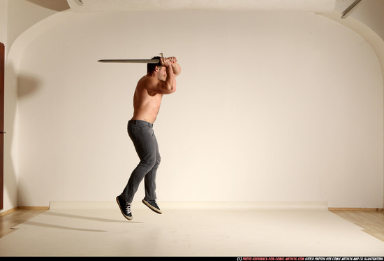 Man Adult Muscular White Fighting with sword Moving poses Casual