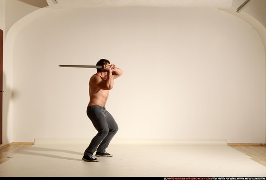 Man Adult Muscular White Fighting with sword Moving poses Casual