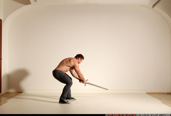 Man Adult Muscular White Fighting with sword Moving poses Casual