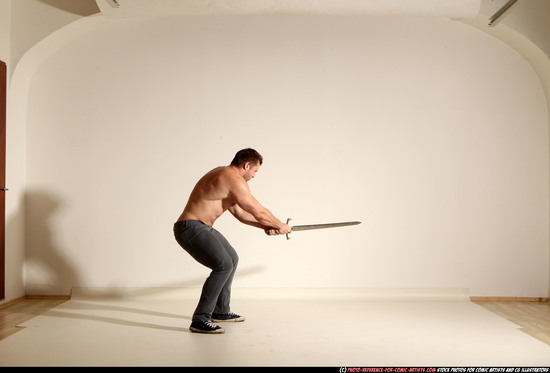 Man Adult Muscular White Fighting with sword Moving poses Casual