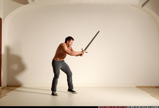 Man Adult Muscular White Fighting with sword Moving poses Casual