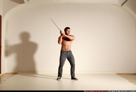 Man Adult Muscular White Fighting with sword Moving poses Casual