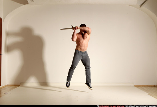 Man Adult Muscular White Fighting with sword Moving poses Casual