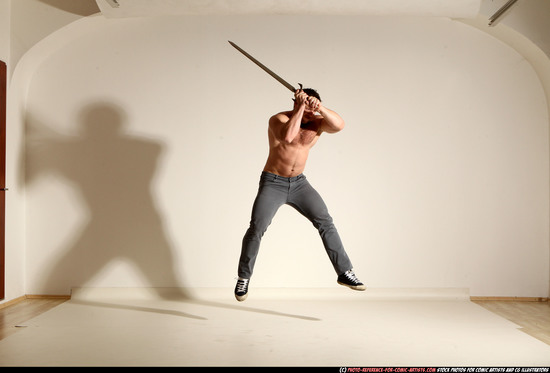 Man Adult Muscular White Fighting with sword Moving poses Casual