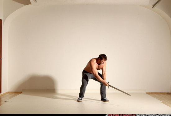 Man Adult Muscular White Fighting with sword Moving poses Casual