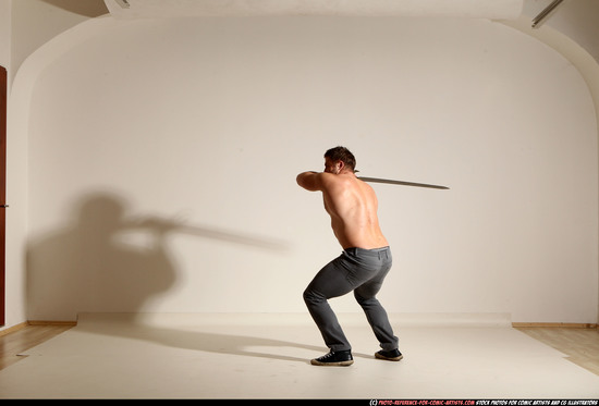 Man Adult Muscular White Fighting with sword Moving poses Casual