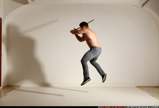 Man Adult Muscular White Fighting with sword Moving poses Casual