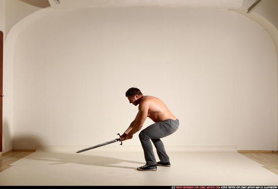 Man Adult Muscular White Fighting with sword Moving poses Casual