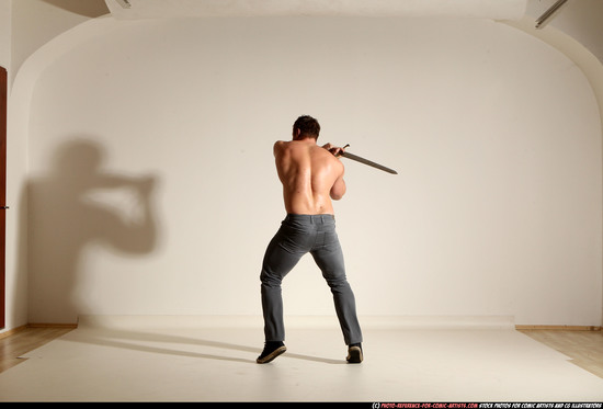 Man Adult Muscular White Fighting with sword Moving poses Casual