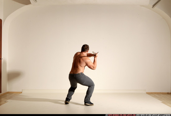 Man Adult Muscular White Fighting with sword Moving poses Casual