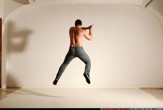 Man Adult Muscular White Fighting with sword Moving poses Casual