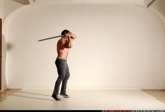 Man Adult Muscular White Fighting with sword Moving poses Casual