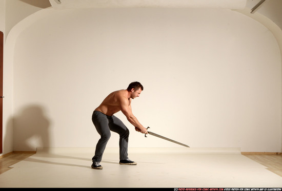 Man Adult Muscular White Fighting with sword Moving poses Casual