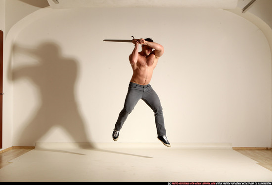 Man Adult Muscular White Fighting with sword Moving poses Casual