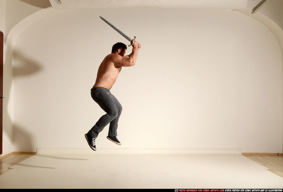 Man Adult Muscular White Fighting with sword Moving poses Casual