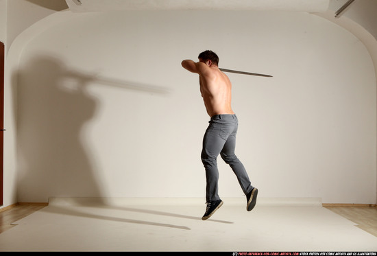 Man Adult Muscular White Fighting with sword Moving poses Casual