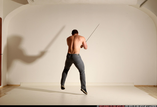 Man Adult Muscular White Fighting with sword Moving poses Casual