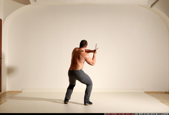 Man Adult Muscular White Fighting with sword Moving poses Casual