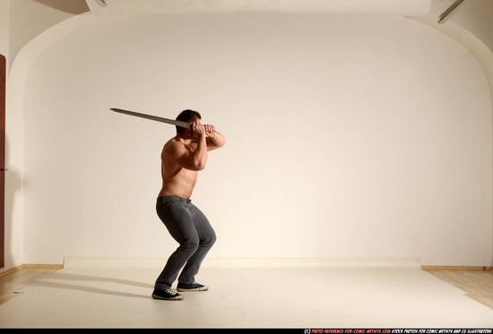 Man Adult Muscular White Fighting with sword Moving poses Casual