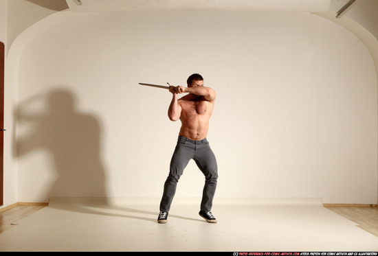 Man Adult Muscular White Fighting with sword Moving poses Casual