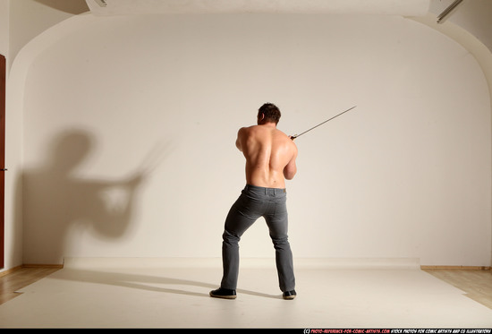 Man Adult Muscular White Fighting with sword Moving poses Casual