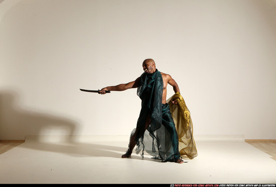 Man Adult Athletic Black Fighting with sword Moving poses Army