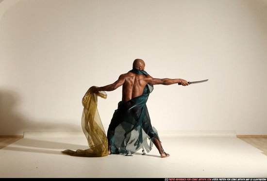 Man Adult Athletic Black Fighting with sword Moving poses Army