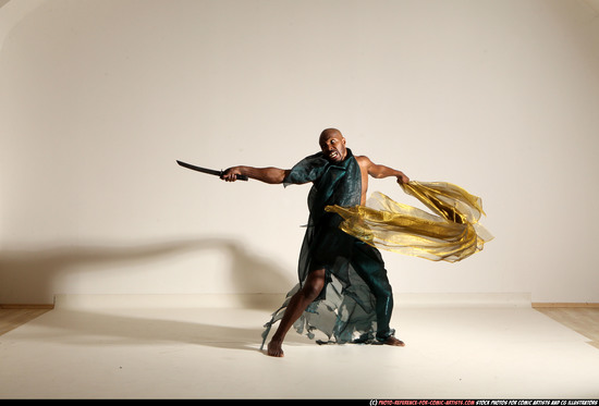 Man Adult Athletic Black Fighting with sword Moving poses Army