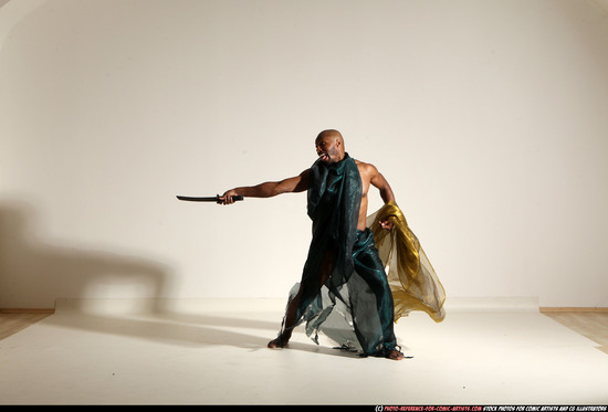 Man Adult Athletic Black Fighting with sword Moving poses Army