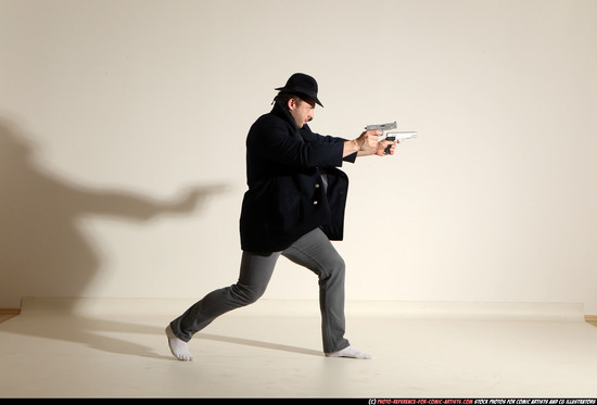 Man Adult Athletic White Fighting with gun Moving poses Coat