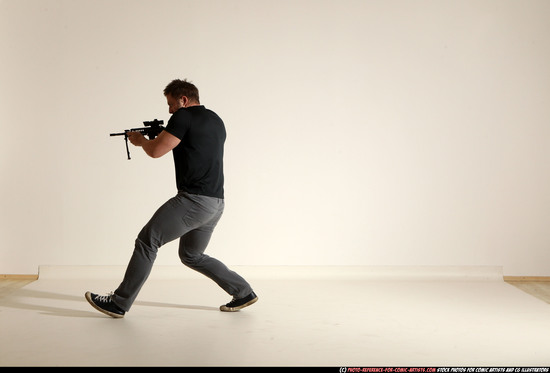 Man Adult Muscular White Fighting with submachine gun Moving poses Casual