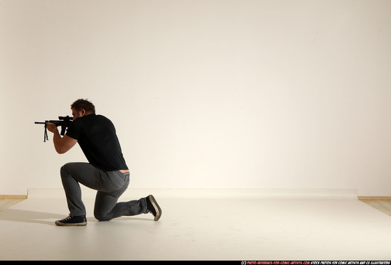 Man Adult Muscular White Fighting with submachine gun Moving poses Casual