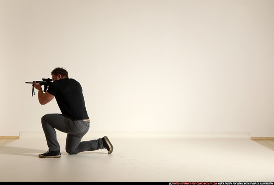 Man Adult Muscular White Fighting with submachine gun Moving poses Casual