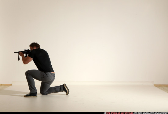 Man Adult Muscular White Fighting with submachine gun Moving poses Casual