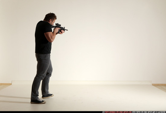 Man Adult Muscular White Fighting with submachine gun Moving poses Casual