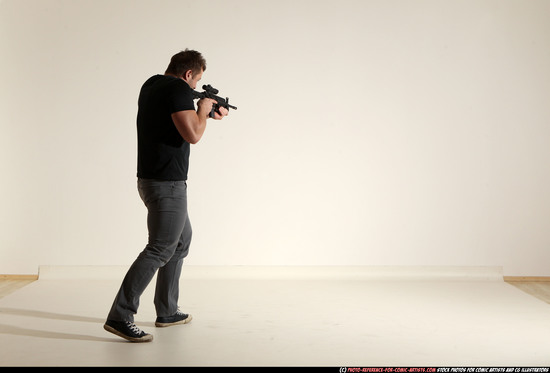 Man Adult Muscular White Fighting with submachine gun Moving poses Casual