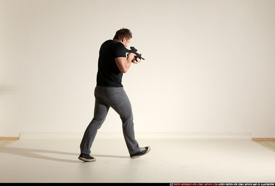 Man Adult Muscular White Fighting with submachine gun Moving poses Casual