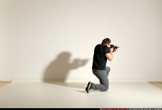 Man Adult Muscular White Fighting with submachine gun Moving poses Casual