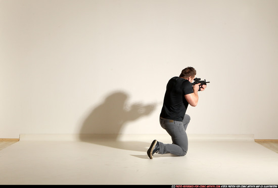 Man Adult Muscular White Fighting with submachine gun Moving poses Casual