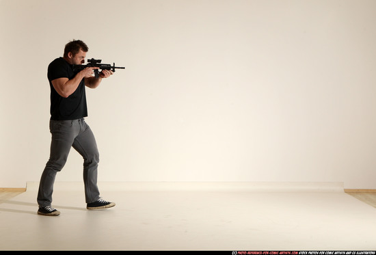 Man Adult Muscular White Fighting with submachine gun Moving poses Casual