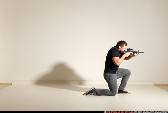 Man Adult Muscular White Fighting with submachine gun Moving poses Casual