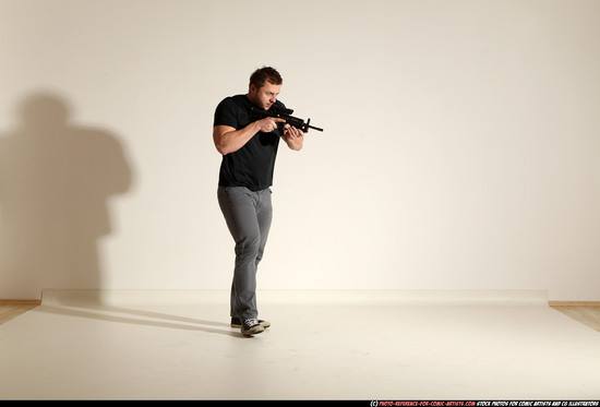 Man Adult Muscular White Fighting with submachine gun Moving poses Casual