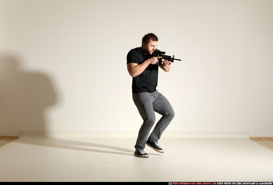 Man Adult Muscular White Fighting with submachine gun Moving poses Casual