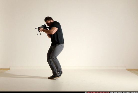 Man Adult Muscular White Fighting with submachine gun Moving poses Casual