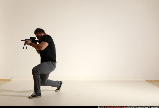 Man Adult Muscular White Fighting with submachine gun Moving poses Casual